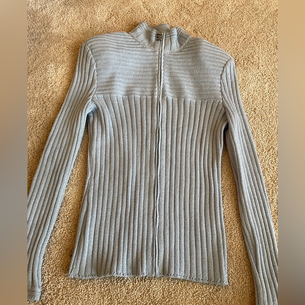 Light Gray Ribbed Zip-Front Women's Sweater